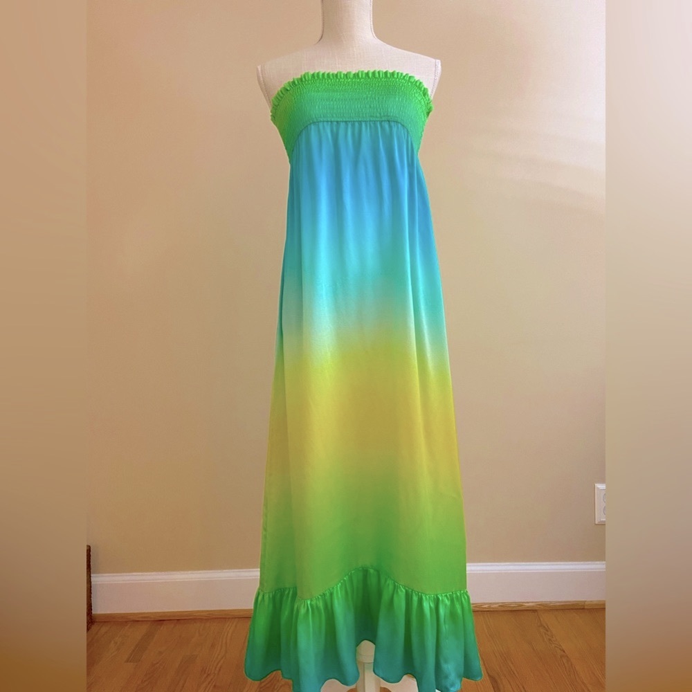 NWOT Silk Roads Adriana Iglesias Maxi Dress Dreamy Turquoise Green Yellow White